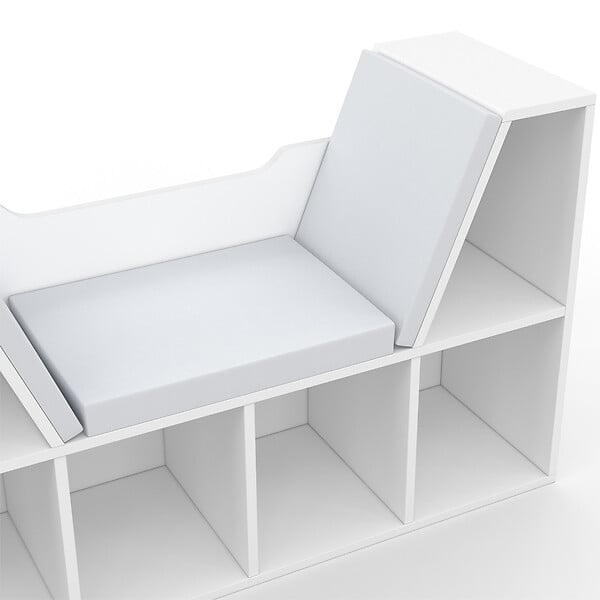 ID MARKET - Bibliothèque banc OSCAR 6 cases avec coussins gris 102 cm blanc - large
