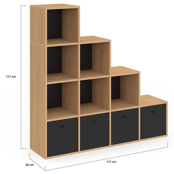 ID MARKET - Meuble de rangement en escalier LORYS 4 niveaux bois et noir avec 4 tiroirs en tissu - large