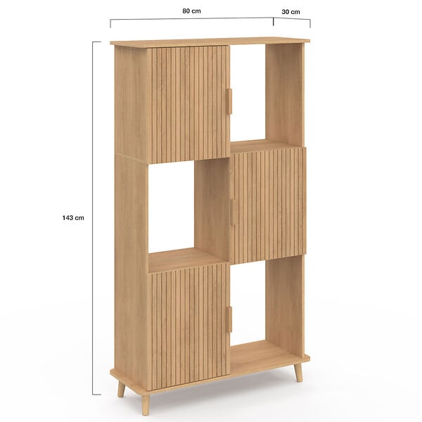 ID MARKET - Etagère bibliothèque 6 cases JULIETTE lattes tasseau bois coloris chêne avec placard - large