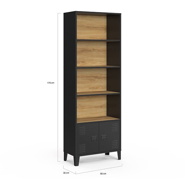 ID MARKET - Etagère bibliothèque 5 niveaux avec placard ESTER portes métal noir et plateau bois design industriel - large
