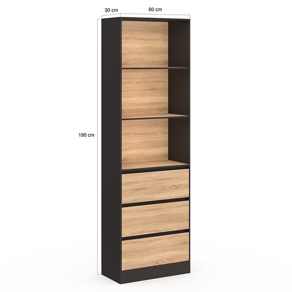ID MARKET - Etagère bibliothèque CARLA 3 niveaux 3 tiroirs noir et effet bois 190 cm - large