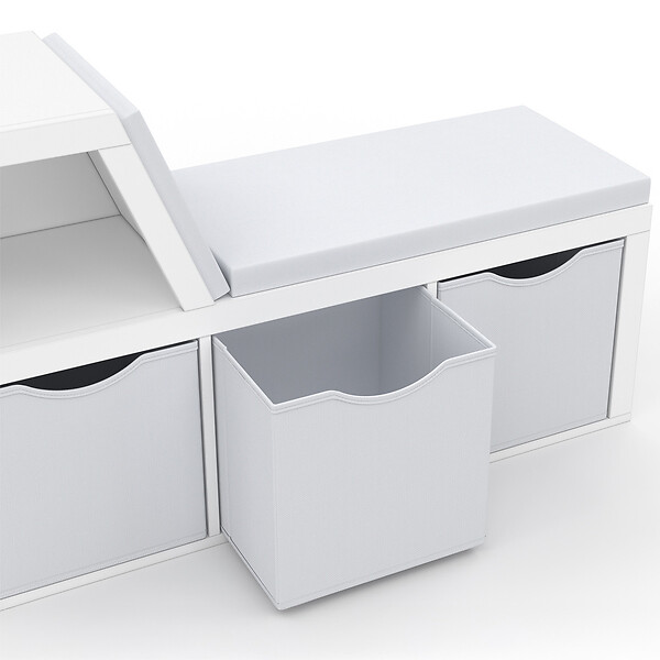ID MARKET - Bibliothèque banc OSCAR 4 cases avec coussins gris et bacs tissus 102 cm blanc - large