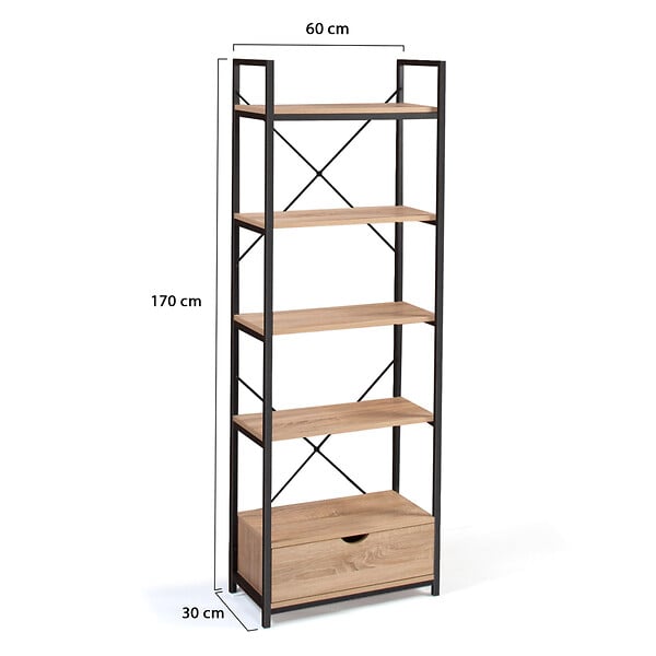 ID MARKET - Etagère 5 niveaux avec tiroir DETROIT design industriel 170 cm - large
