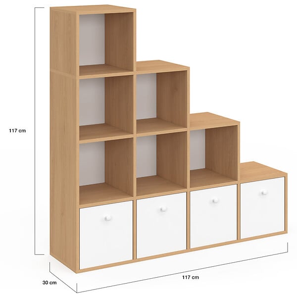 ID MARKET - Meuble de rangement en escalier LORYS 4 niveaux bois et blanc avec 4 tiroirs en tissu - large