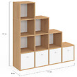 ID MARKET - Meuble de rangement en escalier LORYS 4 niveaux bois et blanc avec 4 tiroirs en tissu - vignette
