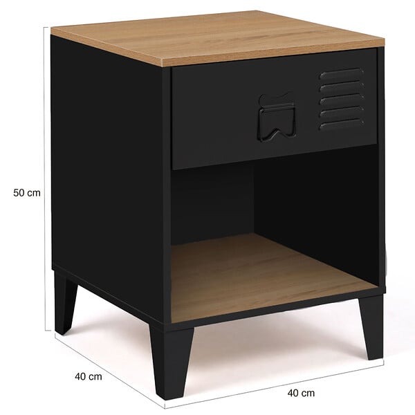 ID MARKET - Lot de 2 tables de chevet ESTER 1 tiroir métal noir avec niche et plateau façon hêtre design industriel - large
