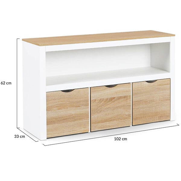 ID MARKET - Meuble de rangement enfant MANA en bois blanc et hêtre 3 tiroirs cubes sur roulettes - large