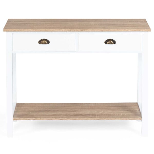 ID MARKET - Console 2 tiroirs campagne ISIS 1 étagère bois et blanc - large