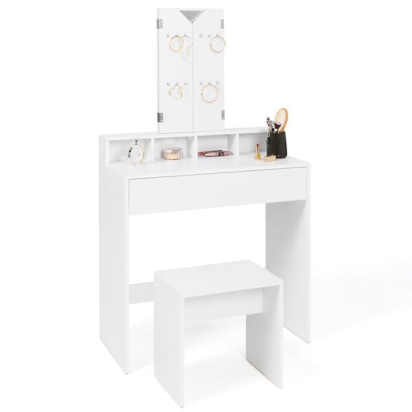 ID MARKET - Coiffeuse ZELIA 3 miroirs avec 4 niches, 1 tiroir et tabouret - large