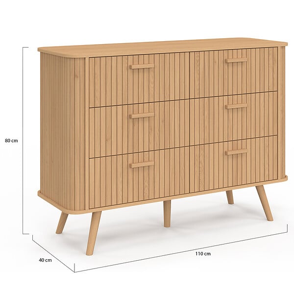 ID MARKET - Commode 6 tiroirs ROMIE 110 cm lattes tasseau bois coloris chêne - large