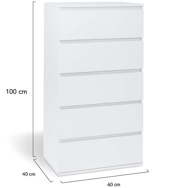 ID MARKET - Chiffonnier 5 tiroirs TOMI 60 cm commode semainier bois blanc - large