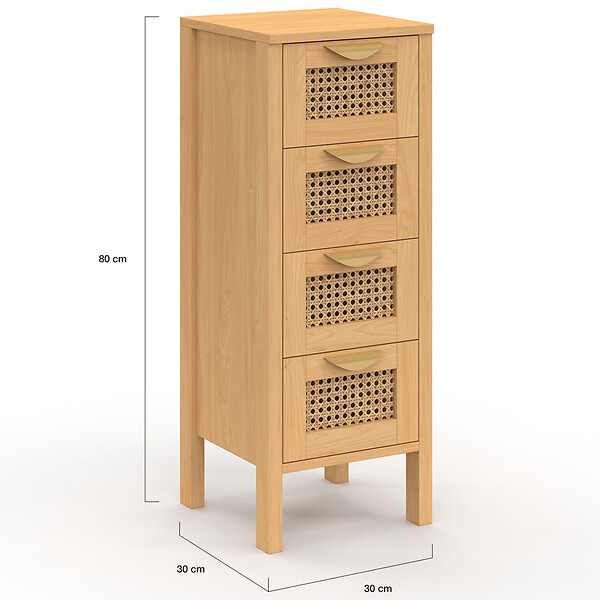 ID MARKET - Meuble d'appoint 4 tiroirs EDHEN 30x30x80 cm chiffonnier pour entrée salle de bain avec cannage - large