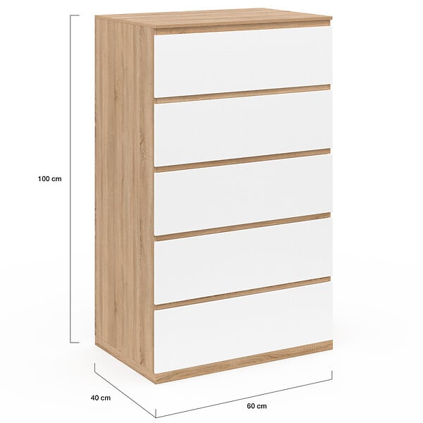 ID MARKET - Chiffonnier 5 tiroirs TOMI 60x40x100 cm commode semainier bois façon hêtre et blanc - large