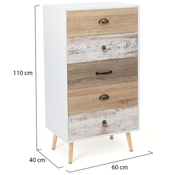 ID MARKET - Chiffonnier 5 tiroirs BAHIA 60x40x110 cm commode semainier design scandinave - large