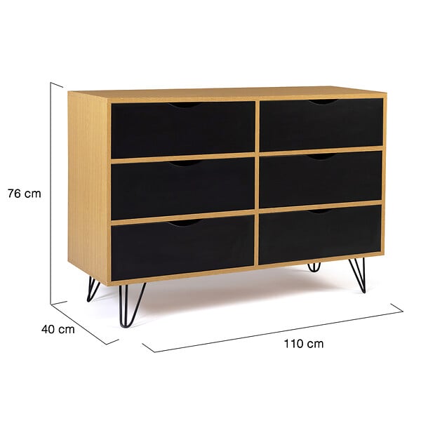 ID MARKET - Commode 6 tiroirs vintage NOEMI 110 cm bois pied épingle - large