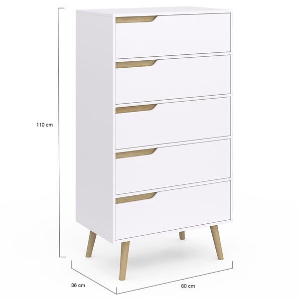 ID MARKET - Chiffonnier 5 tiroirs HELSINKI 60 cm scandinave blanc commode semainier - large