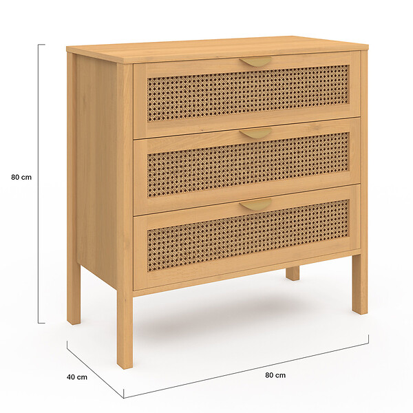 ID MARKET - Commode 3 tiroirs EDHEN 80 cm cannage coloris bois - large