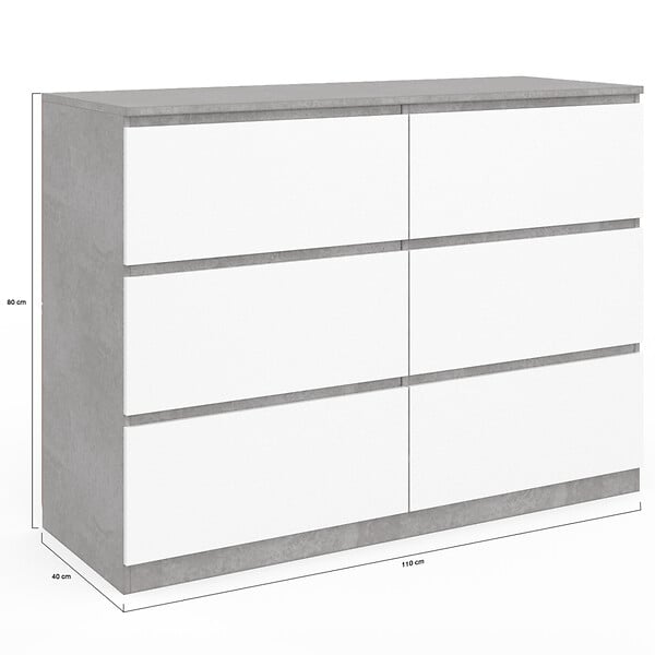 ID MARKET - Commode 6 tiroirs TOMI 110 cm blanc et effet béton - large