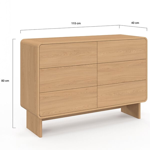 ID MARKET - Commode 6 tiroirs CAPUCINE 110 cm façon hêtre design arrondi - large