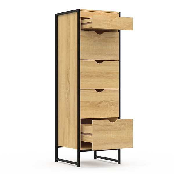 ID MARKET - Chiffonnier 5 tiroirs DETROIT 40x40x125 cm avec miroir meuble d'entrée design industriel - large