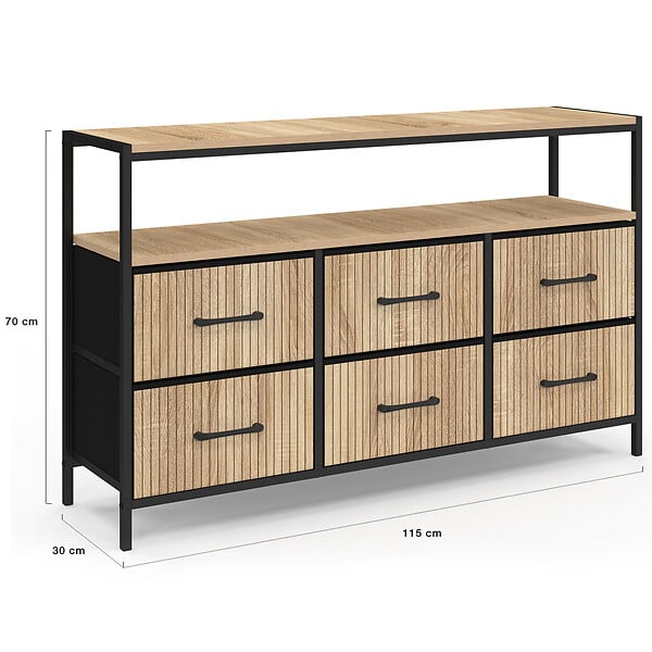 ID MARKET - Commode 6 tiroirs en tissu UTAH 115 CM avec niche effet lattes meuble de rangement design industriel - large