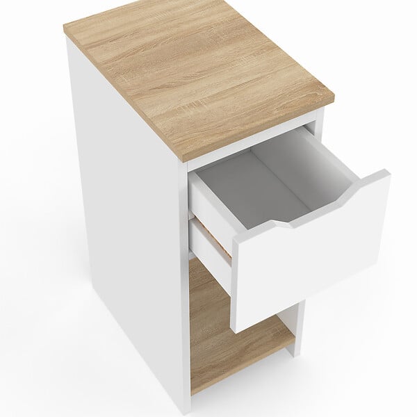 ID MARKET - Lot de 2 tables de chevet étroites ANOUK 1 tiroir avec niche blanc et bois - large