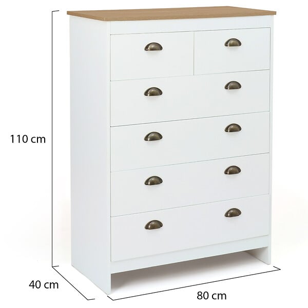 ID MARKET - Commode 6 tiroirs ISIS 80 cm blanc et plateau bois - large