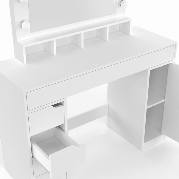 ID MARKET - Coiffeuse ZELIA blanche miroir LED avec 4 niches, 5 tiroirs, 1 caisson de rangement et tabouret rembourré - large