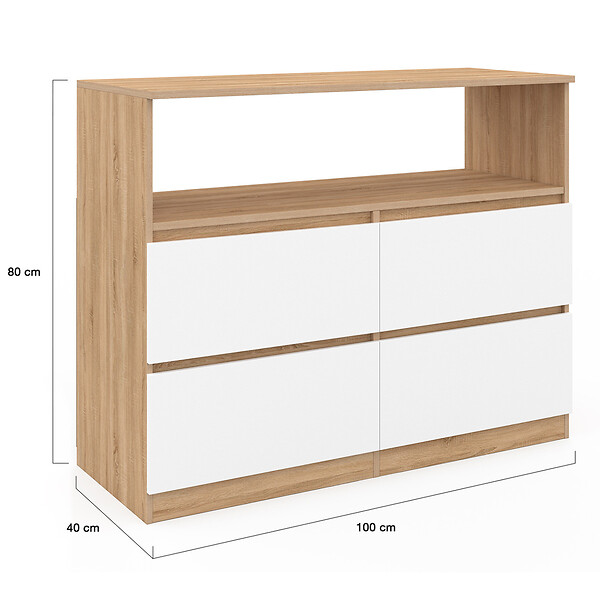 ID MARKET - Commode 4 tiroirs TOMI 100 cm avec niche façon hêtre et blanc - large