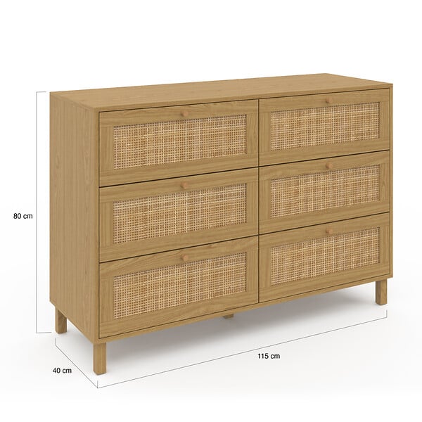 ID MARKET - Commode 6 tiroirs HANAE 115 cm effet naturel cannage - large