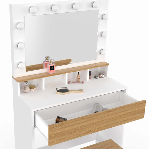 ID MARKET - Coiffeuse ZELIA blanc et hêtre miroir LED avec 4 niches, 1 tiroir et tabouret - large
