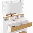 ID MARKET - Coiffeuse ZELIA blanc et hêtre miroir LED avec 4 niches, 1 tiroir et tabouret - vignette