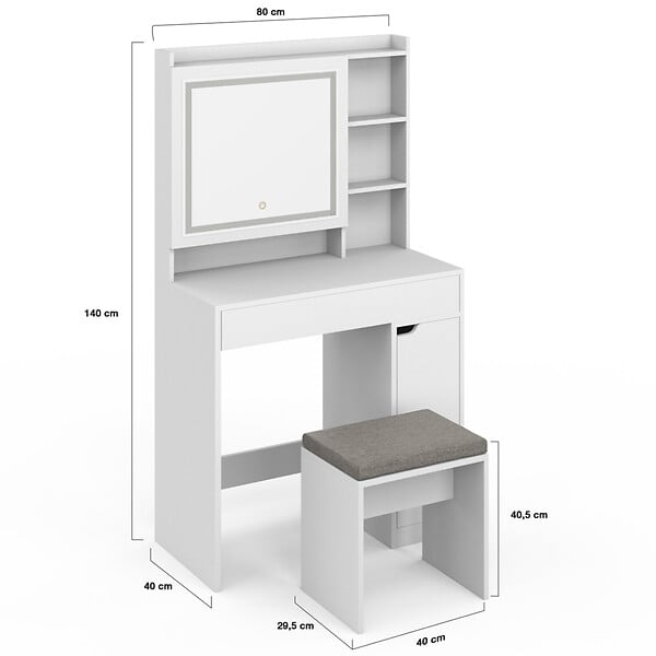 ID MARKET - Coiffeuse ZELIA blanche miroir LED avec rangement, 1 tiroir, 1 caisson de rangement et tabouret rembourré - large