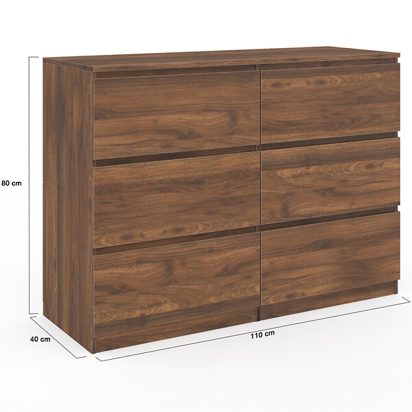ID MARKET - Commode 6 tiroirs TOMI 110 cm effet noyer - large