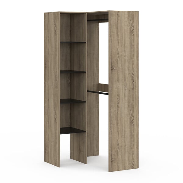 ID MARKET - Dressing d'angle modulable L. 90 / 127 cm MELMAN double penderie + étagères bois et noir - large