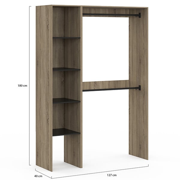 ID MARKET - Dressing d'angle modulable L. 90 / 127 cm MELMAN double penderie + étagères bois et noir - large