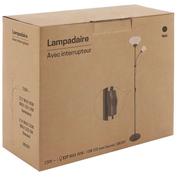 GEFOM - Lampadaire avec liseuse - Métal - Noir - 180cm - large