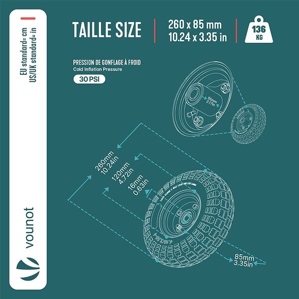 VOUNOT - Lot de 4 Roue gonflable robuste 3.5-4 pour chariot brouette alesage 16mm 260x85mm metal - large
