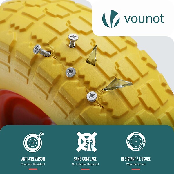 VOUNOT - Lot de 2 Roue increvable 3.5-4 en PU pour brouette diable alesage 16mm 260x85mm Jaune - large