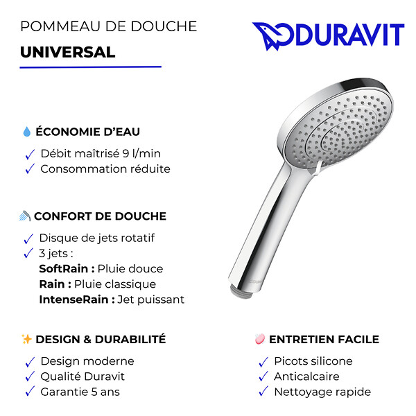 DURAVIT - Pommeau de douche 3 jets Universal avec curseur chromé + flexible de douche - large