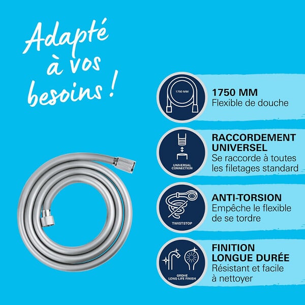 GROHE - Flexible de douche VitalioFlex 175 cm chromé - large