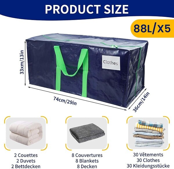 VOUNOT - Lot de 5 sacs de demenagement grand format avec sangles et poignee bleu - large