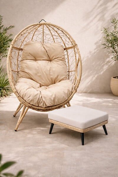 CONCEPT USINE - Ensemble d'extérieur : fauteuil suspendu effet rotin et repose-pieds avec coussin beige JANE - large