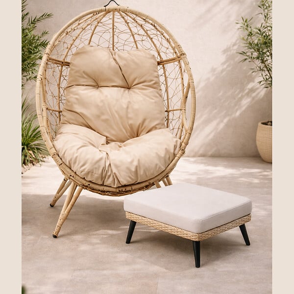 CONCEPT USINE - Ensemble d'extérieur : fauteuil suspendu effet rotin et repose-pieds avec coussin beige JANE - large