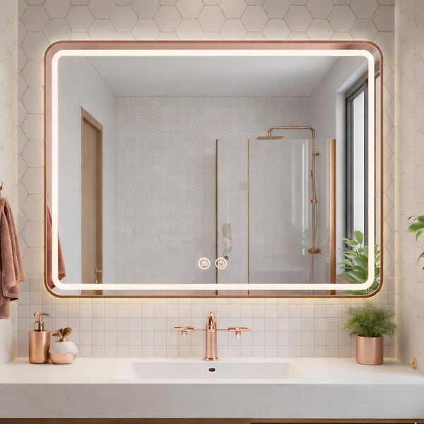 OTITEC - Miroir LED rectangulaire - 80 x 60 cm - Double éclairage LED façade et arrière - Cuivre brossé - VALORIA - large