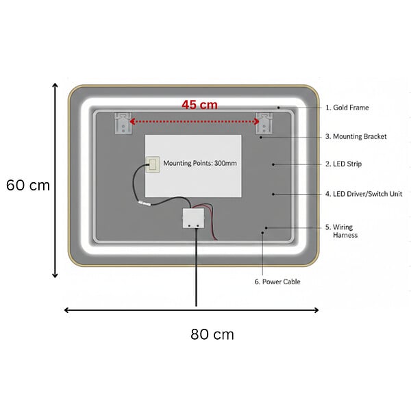 OTITEC - Miroir LED rectangulaire - 80 x 60 cm - Double éclairage LED façade et arrière - Cuivre brossé - VALORIA - large