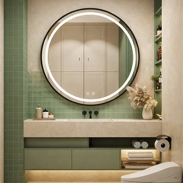 OTITEC - Miroir LED rond - 60 x 60 cm - Double éclairage LED façade et arrière - Noir - CÉLINA - large