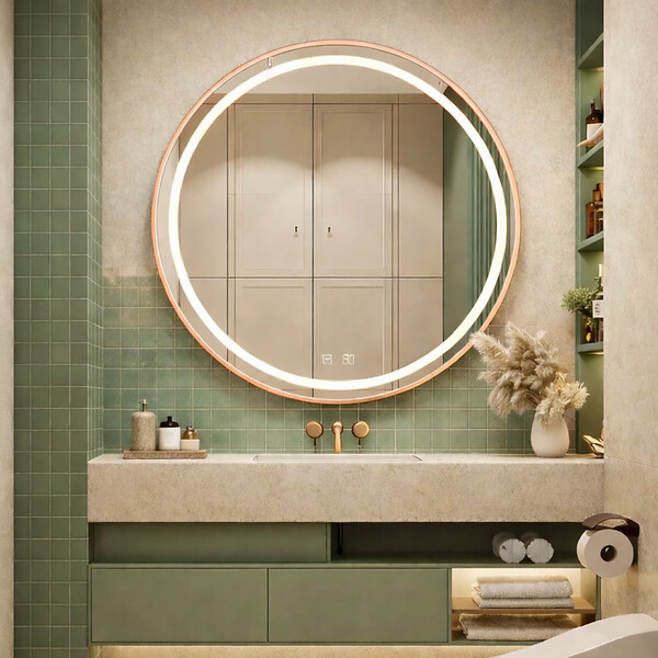 OTITEC - Miroir LED rond - 60 x 60 cm - Double éclairage LED façade et arrière - Cuivre brossé - CÉLINA - large