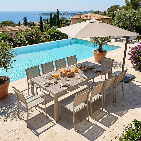 OVIALA - Table de jardin en aluminium et céramique effet bois 206 cm crème - Tivoli - large