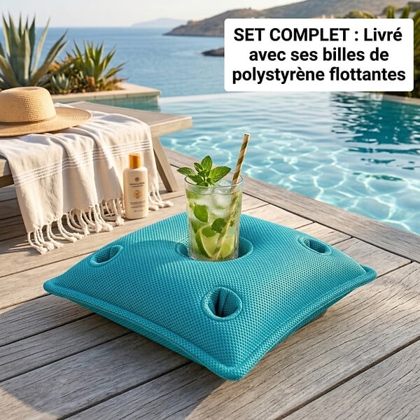 SOO  SANTAI - Coussin piscine flottant porte-verres 75x75 cm bleu – billes incluses (à remplir) – intérieur / extérieur (PPF7575-4-SET) - large